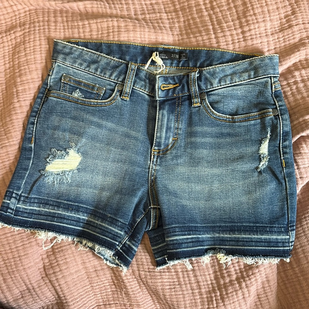 NWT Prana London Jean Shorts Distressed Raw Hem Blue Sz 2